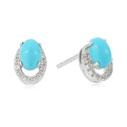 Sterling Silver Stabilized Natural Turquoise And Created White Sapphire Stud Earrings - pinctore