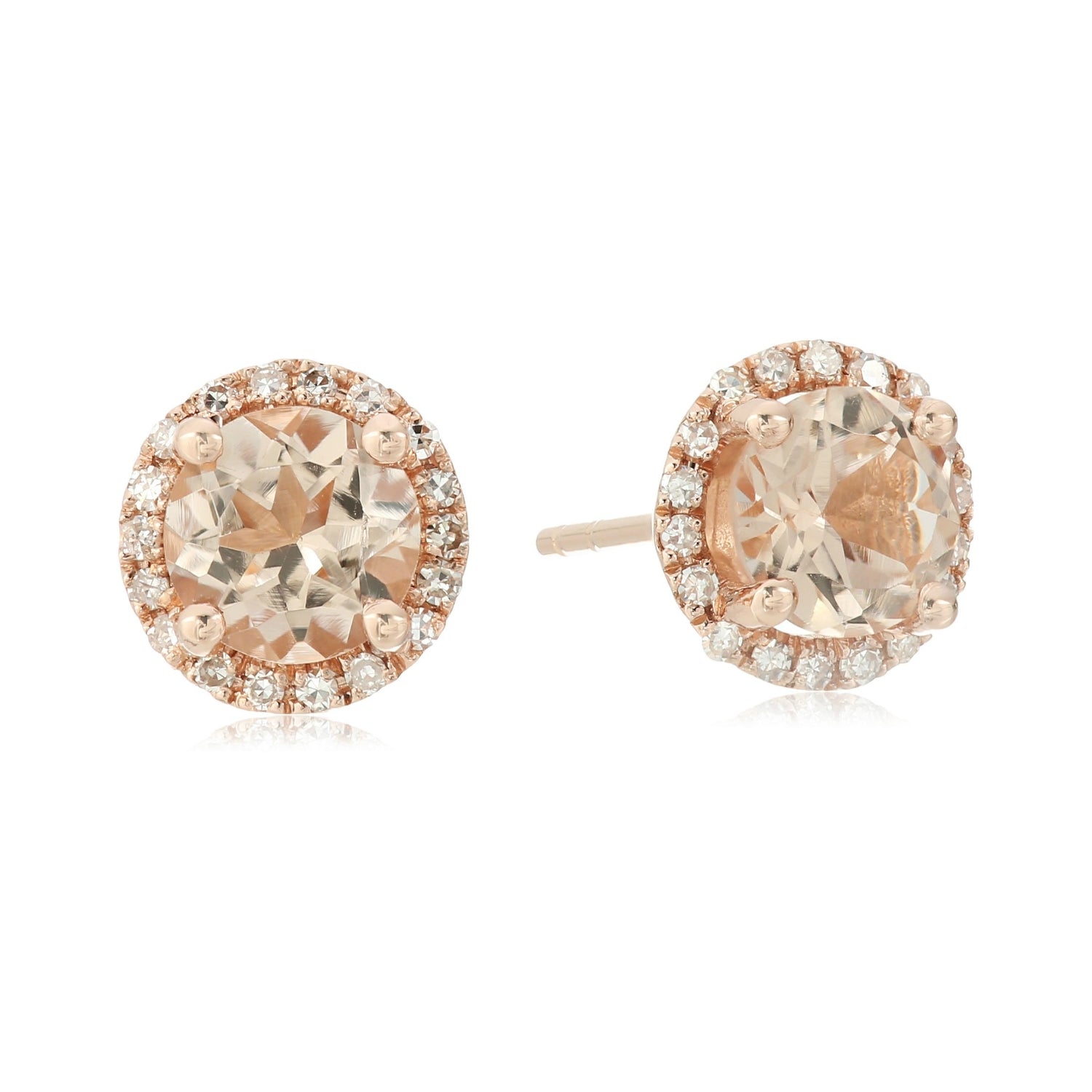 10k Rose Gold Morganite And Diamond Classic Princess Di Halo Stud Earrings (1/10cttw, H-I Color, I1-I2 Clarity) - pinctore