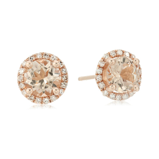 10k Rose Gold Morganite And Diamond Classic Princess Di Halo Stud Earrings (1/10cttw, H-I Color, I1-I2 Clarity) - pinctore