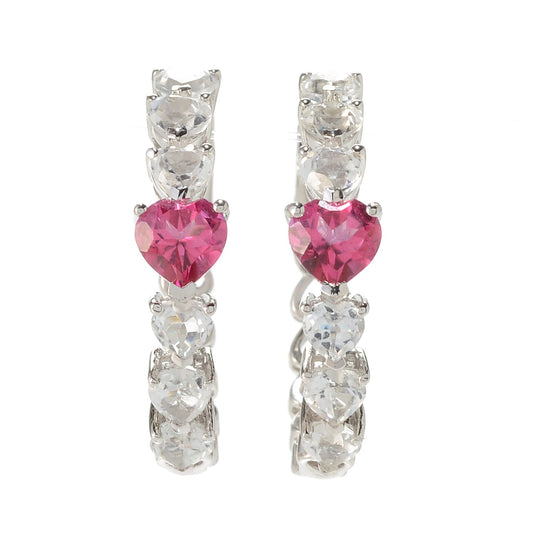 Pinctore Sterling Silver 1" Pink & White Topaz Hoop Earrings