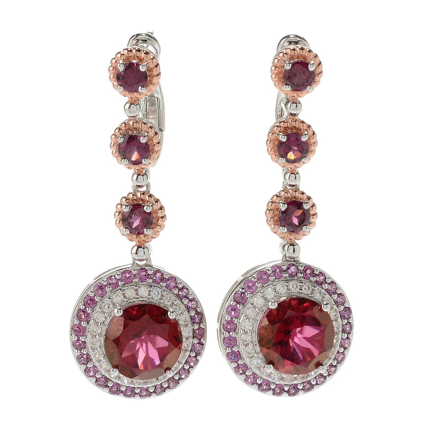 925 Sterling Silver Red Quartz, Rhodolite Garnet, White Natural Zircon Earring - Pinctore