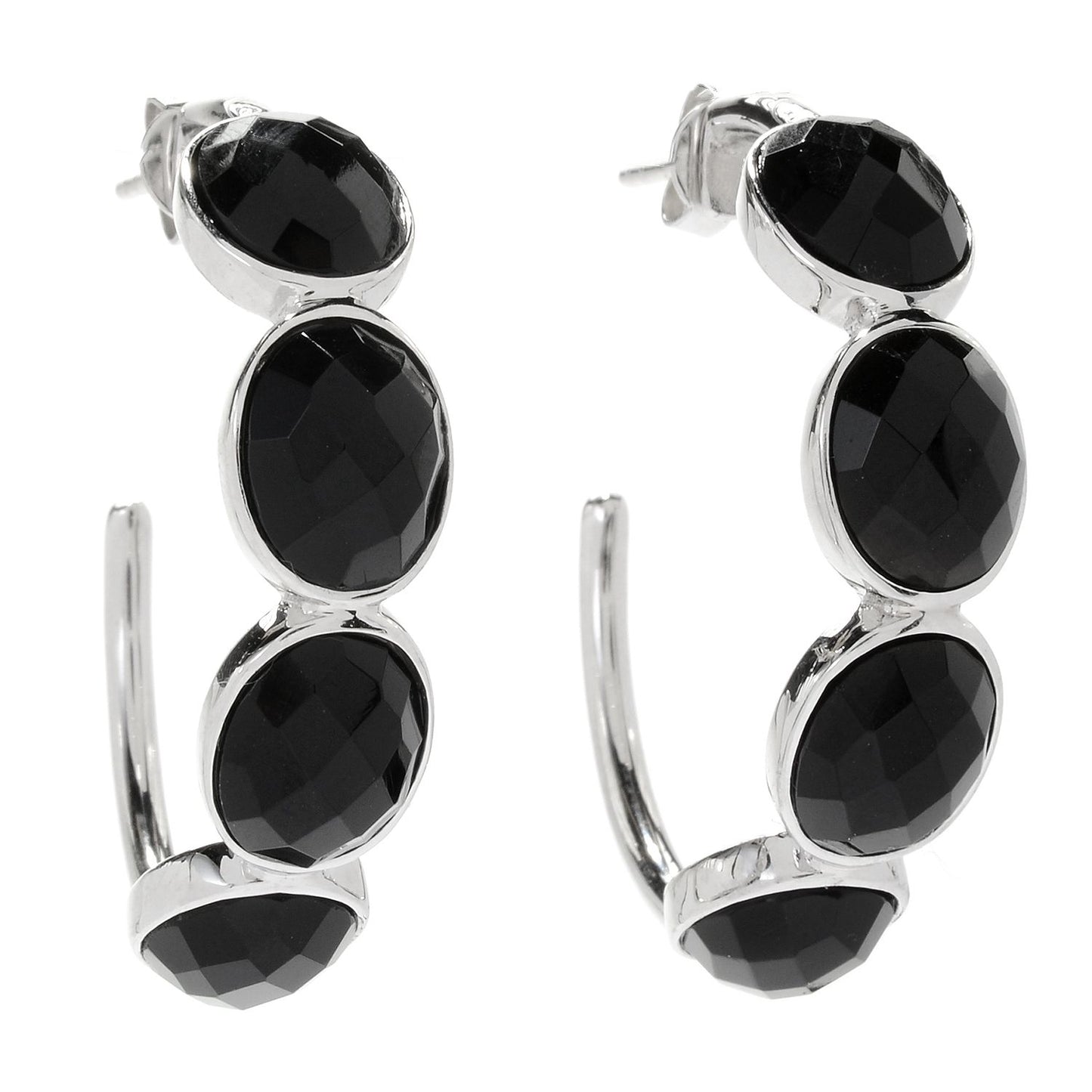 Pinctore Sterling Silver 1.5" dyed black onyx Checkerboard Cut 4-Stone Hoop Earrings - pinctore