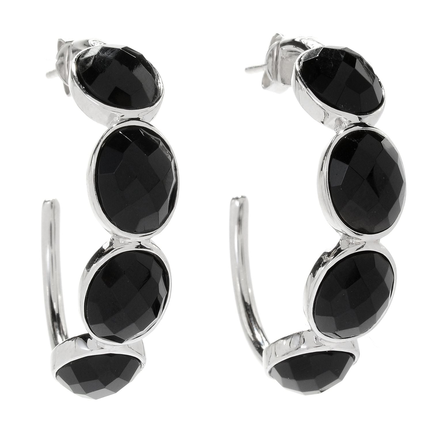 Pinctore Sterling Silver 1.5" dyed black onyx Checkerboard Cut 4-Stone Hoop Earrings - pinctore