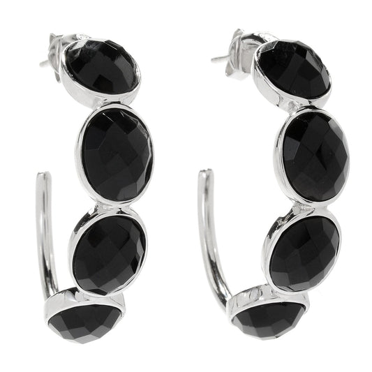 Pinctore Sterling Silver 1.5" dyed black onyx Checkerboard Cut 4-Stone Hoop Earrings - pinctore