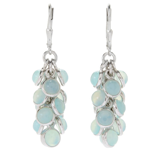 Pinctore Sterling Silver 1.75" Round Aqua Chaledony Cluster Drop Earrings