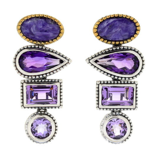 Pinctore Sterling Silver 1.25" Multi Cut Amethyst Stacked Drop Earrings - pinctore