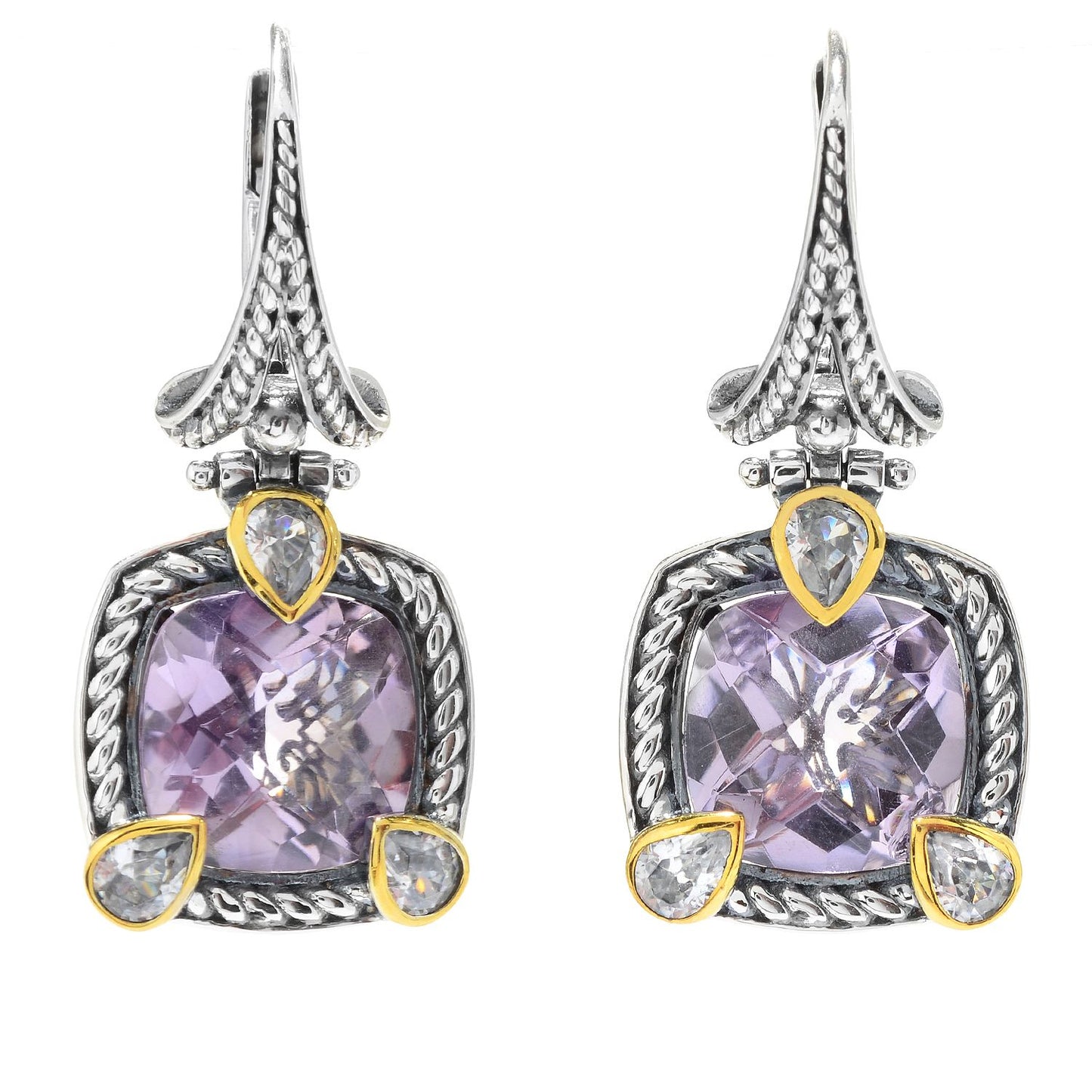 Pinctore Sterling Silver 1.25" 10mm Pink Amethyst & White Zircon Drop Earrings