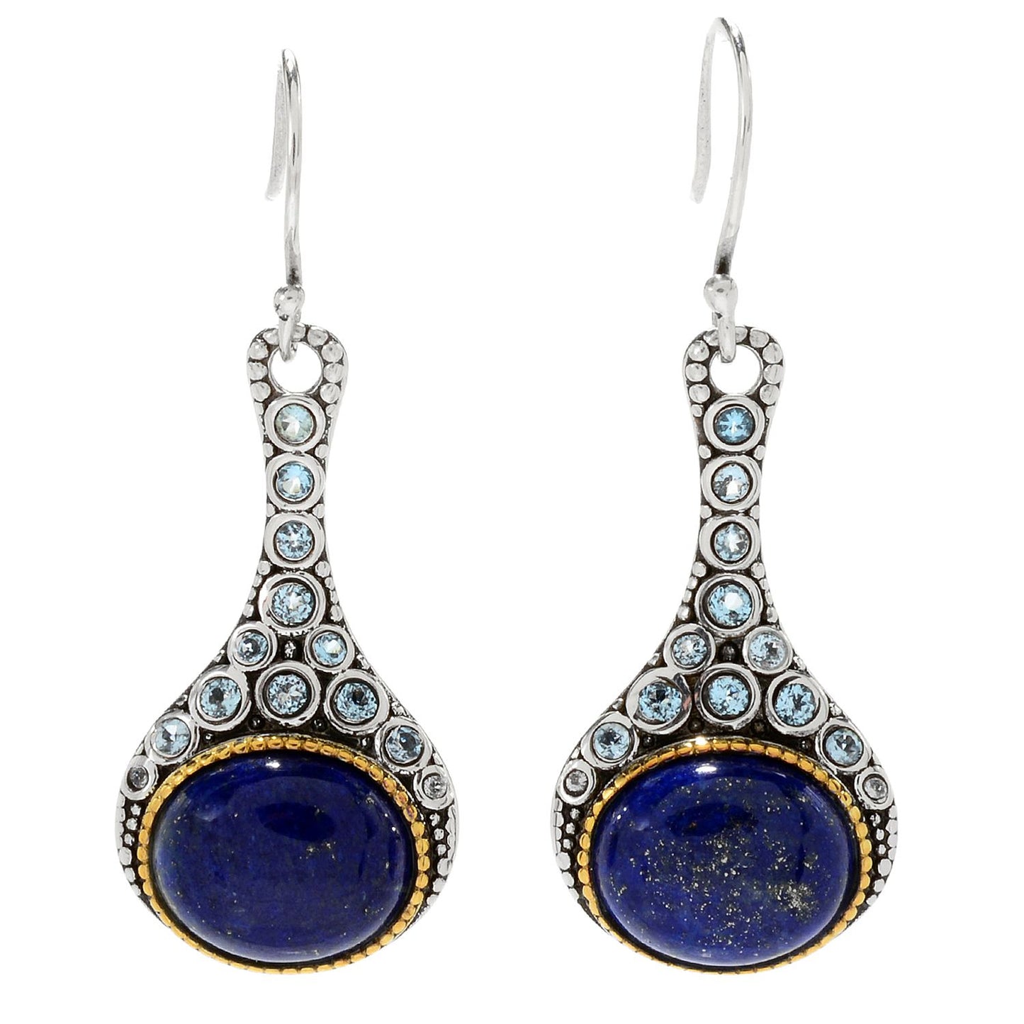 Pinctore Sterling Silver 1.75" Oval Lapis & Swiss Blue Topaz Drop Earrings