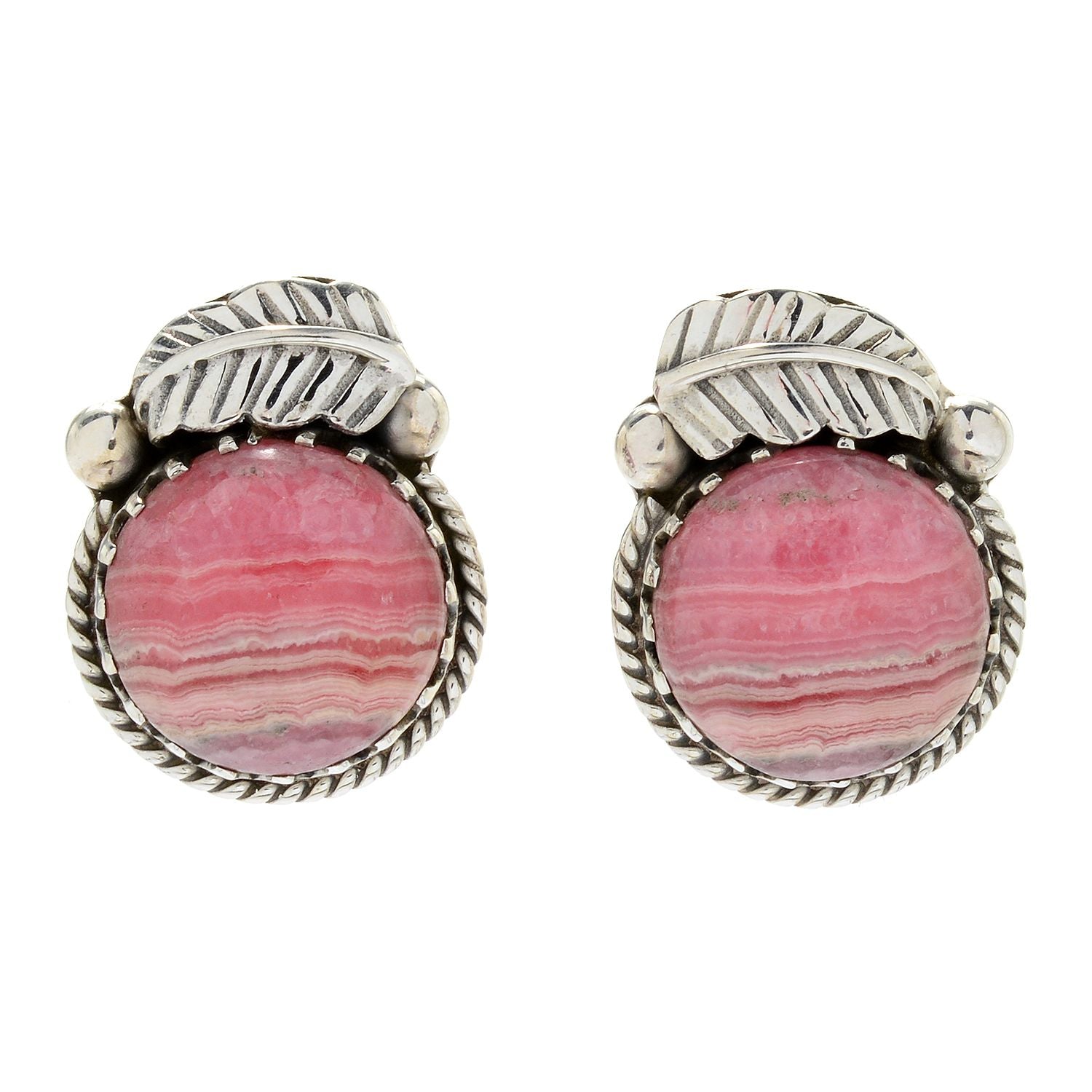 Pinctore Sterling Silver 15mm Round Rhodochrosite Leaf Stud Earrings - pinctore