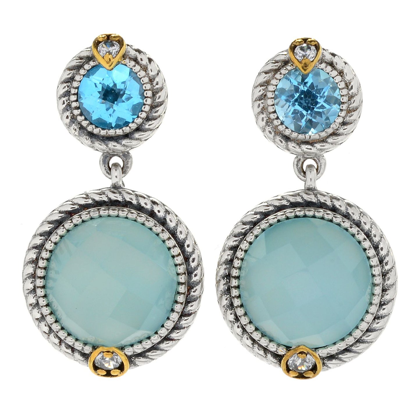 Pinctore Swiss Blue Topaz, Chalcedony & White Zircon Drop Earrings