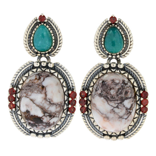 925 Sterling Silver Campofrio Turquoise, Red Garnet, Wild Horse Earring - Pinctore