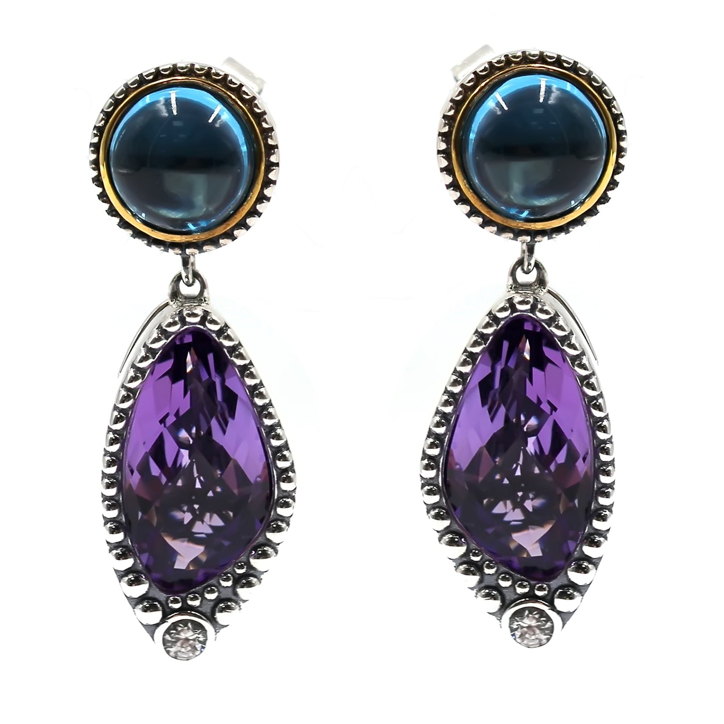 925 Sterling Silver Pink Amethyst,Swiss Blue Topaz, Natural Zircon Earring