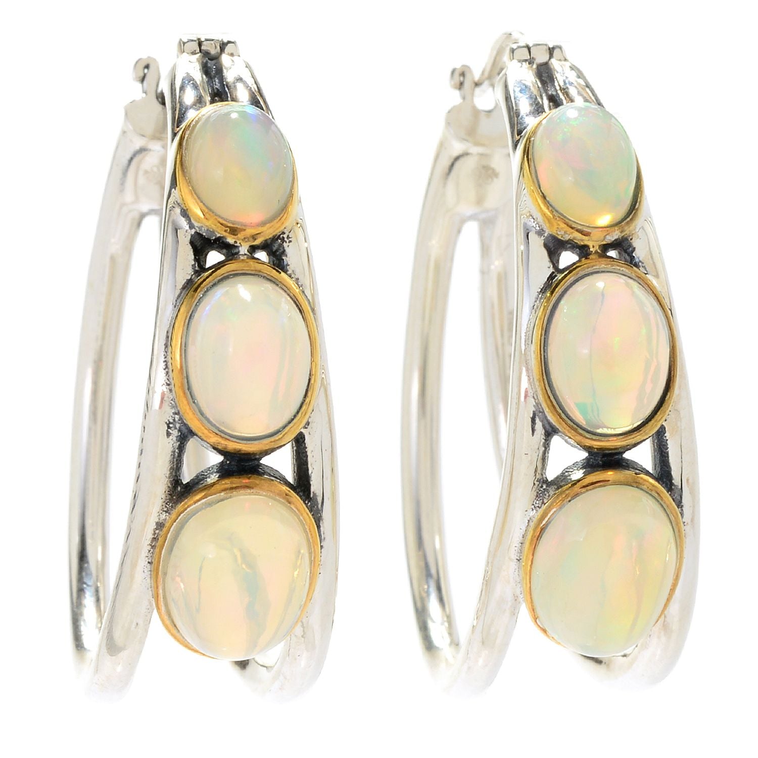 Pinctore Sterling Silver 1.25" Opal Graduated 3-Stone Hoop Earrings - pinctore