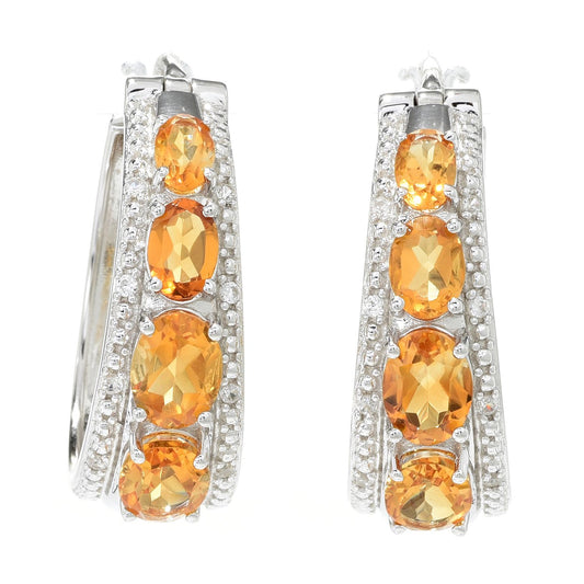 Pinctore Sterling Silver 1.25" Citrine & White Zircon Hoop Earrings - pinctore