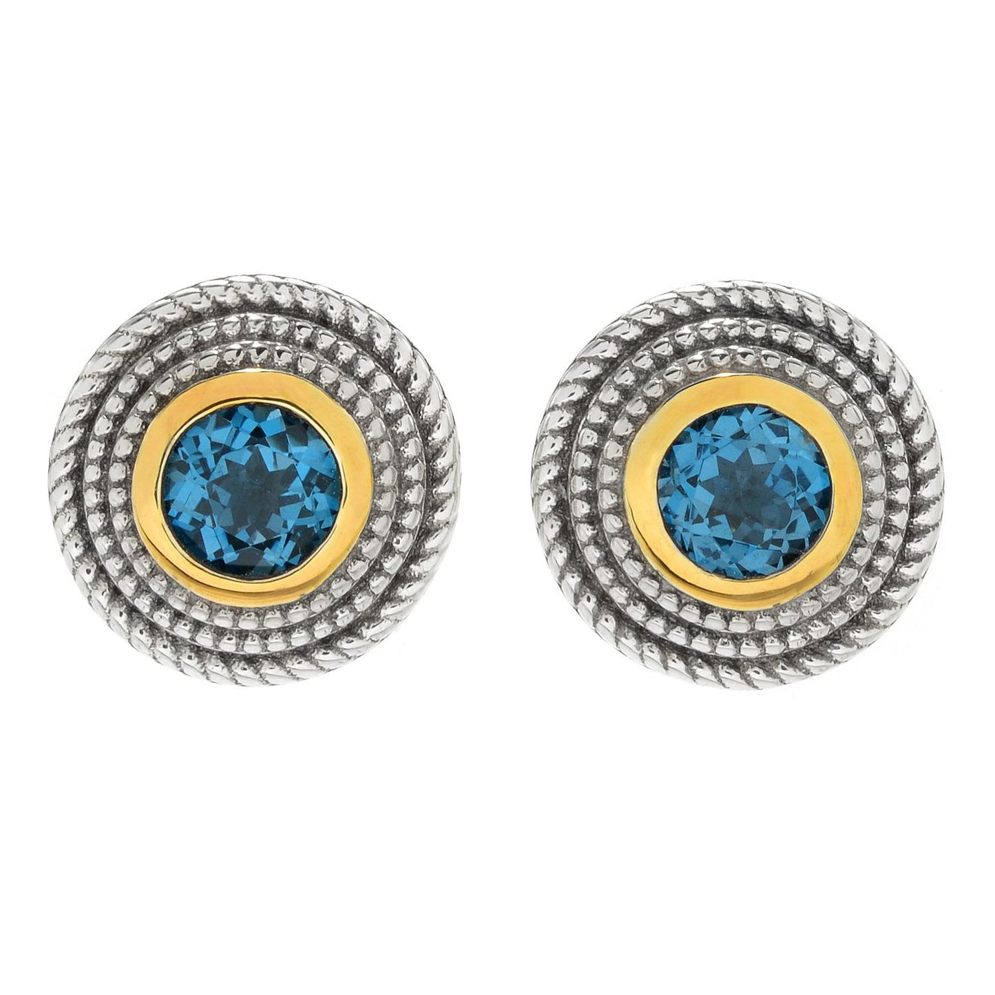 Pinctore Sterling Silver Round London Blue Topaz Triple Rope Halo Stud Earrings