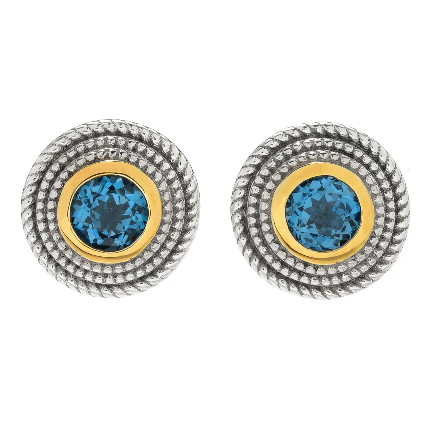 Pinctore Sterling Silver Round London Blue Topaz Triple Rope Halo Stud Earrings