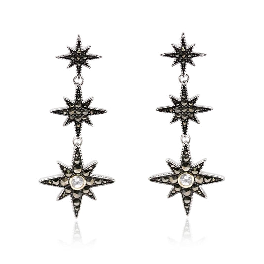 925 Sterling Silver Marcasite,  White Natural Zircon Dangle Earring - Pinctore