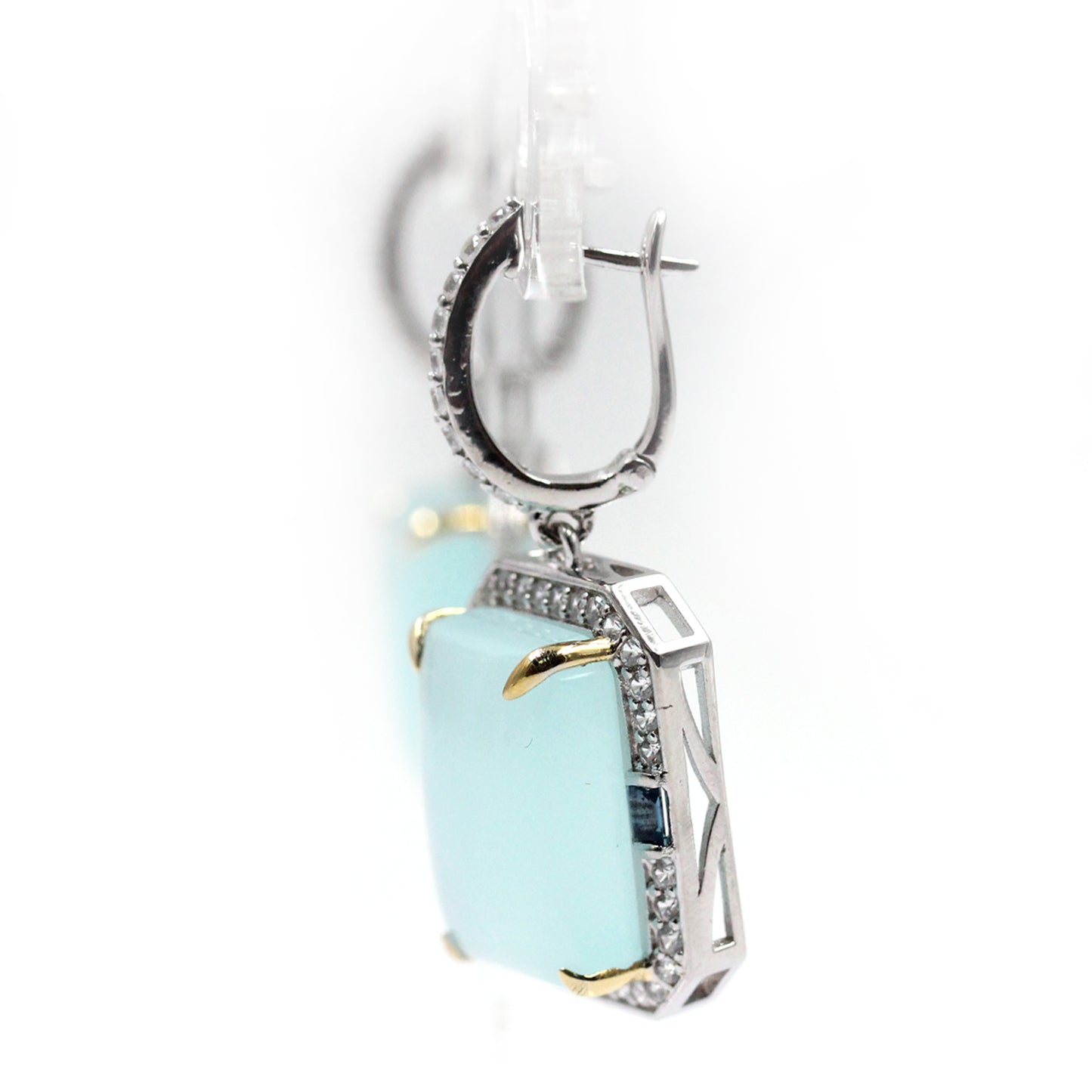 Sterling Silver 925 White Natural Zircon, Aqua Chalcedony, London Blue Topaz Earring - Pinctore