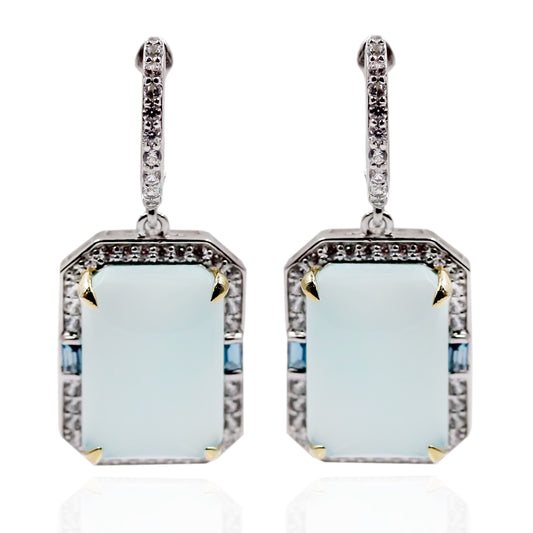 Sterling Silver 925 White Natural Zircon, Aqua Chalcedony, London Blue Topaz Earring - Pinctore
