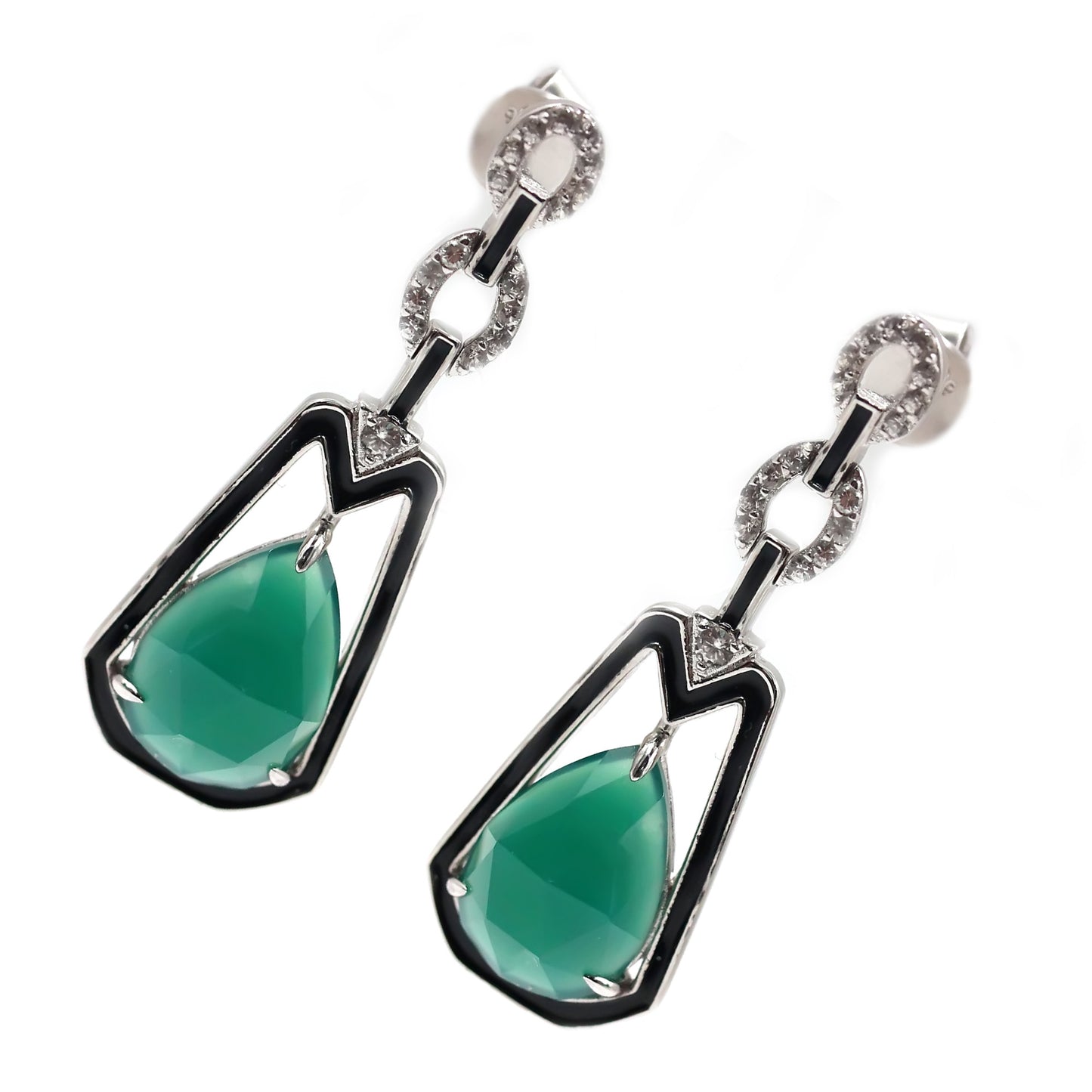 925 Sterling Silver Green Agate, White Natural Zircon Earring - Pinctore