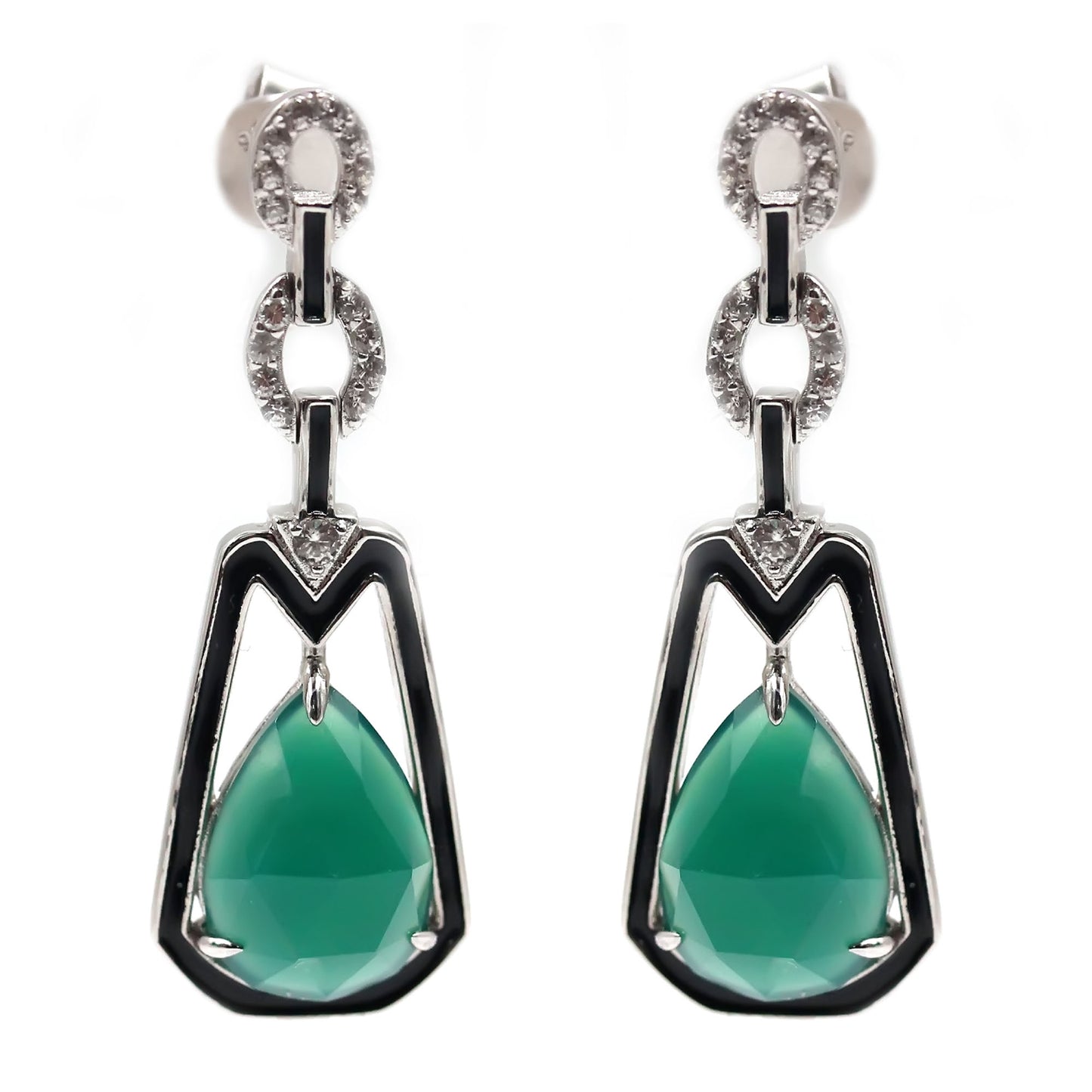 925 Sterling Silver Green Agate, White Natural Zircon Earring - Pinctore