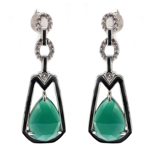 925 Sterling Silver Green Agate,  White Natural Zircon Earring - Pinctore