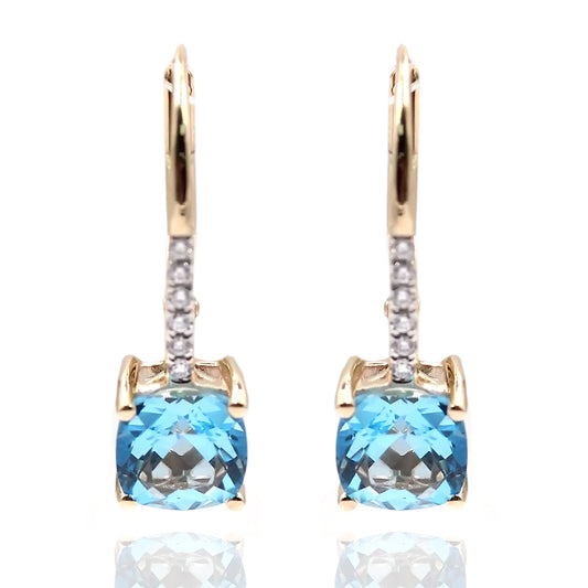 14Kt Yellow Gold Swiss Blue Topaz With With Diamond Dangling Earring - Pinctore