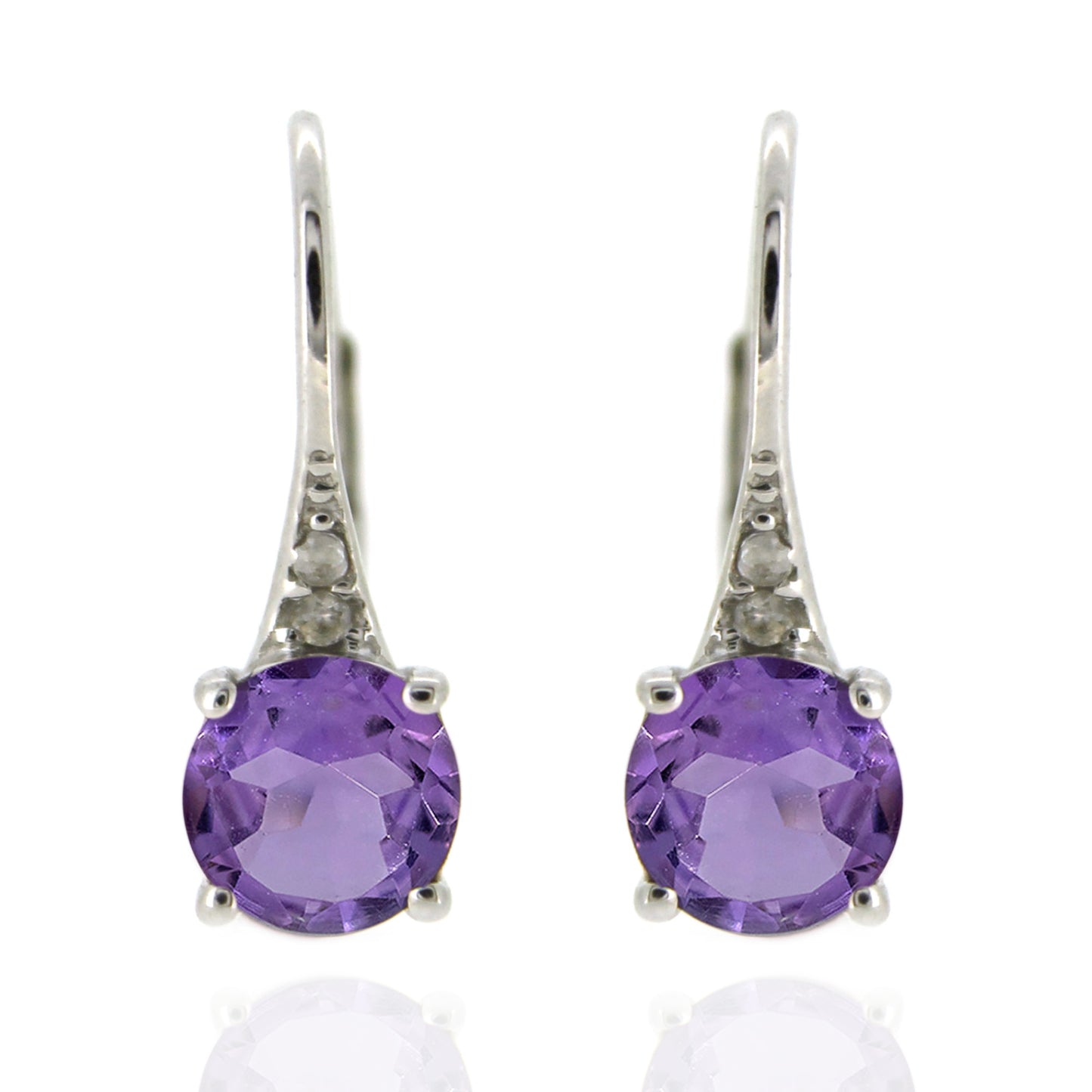 925 Sterling Silver With 6mm Round Brazilian Amethyst, Diamond Dangle Earring