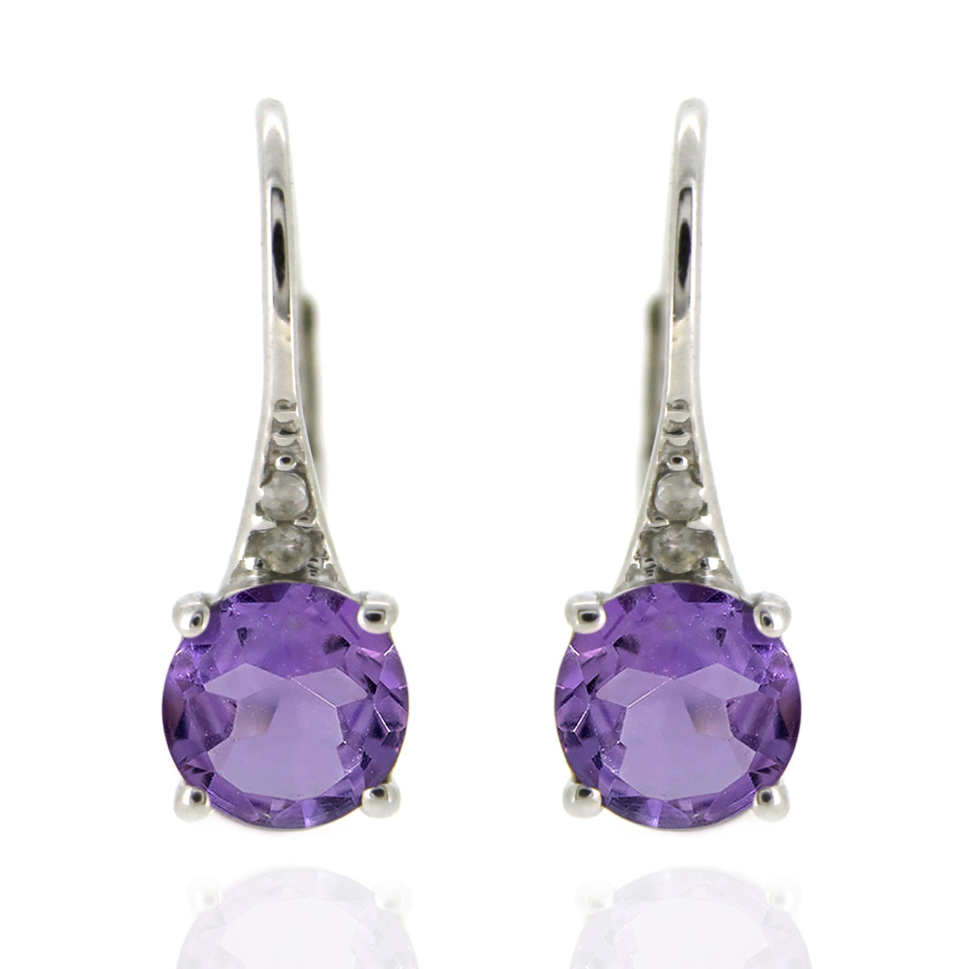 925 Sterling Silver With 6mm Round Brazilian Amethyst, Diamond Dangle Earring