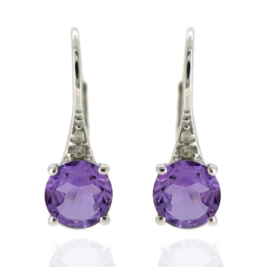 925 Sterling Silver With 6mm Round Brazilian Amethyst, Diamond Dangle Earring