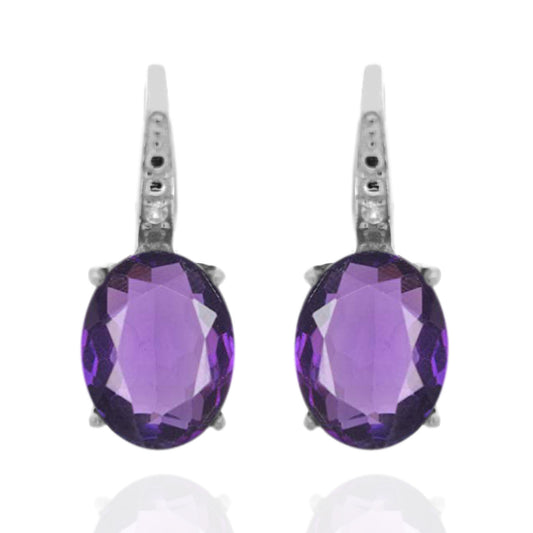 925 Sterling Silver With 9x7 Oval Brazilian Amethyst, Diamond Dangle Earring
