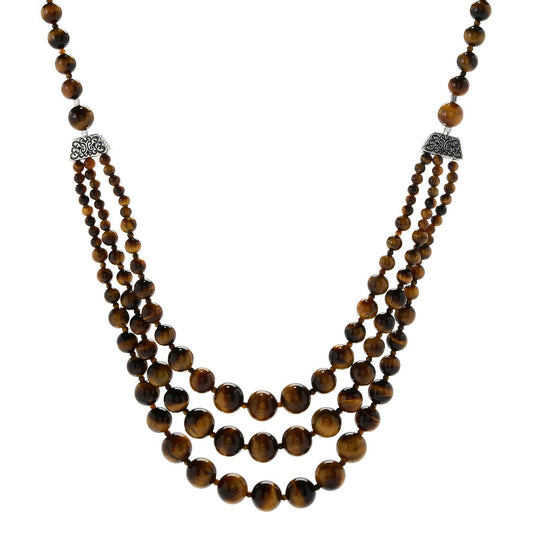 Pinctore Sterling Silver 29" tiger's eye Beaded 3-Strand Necklace - pinctore