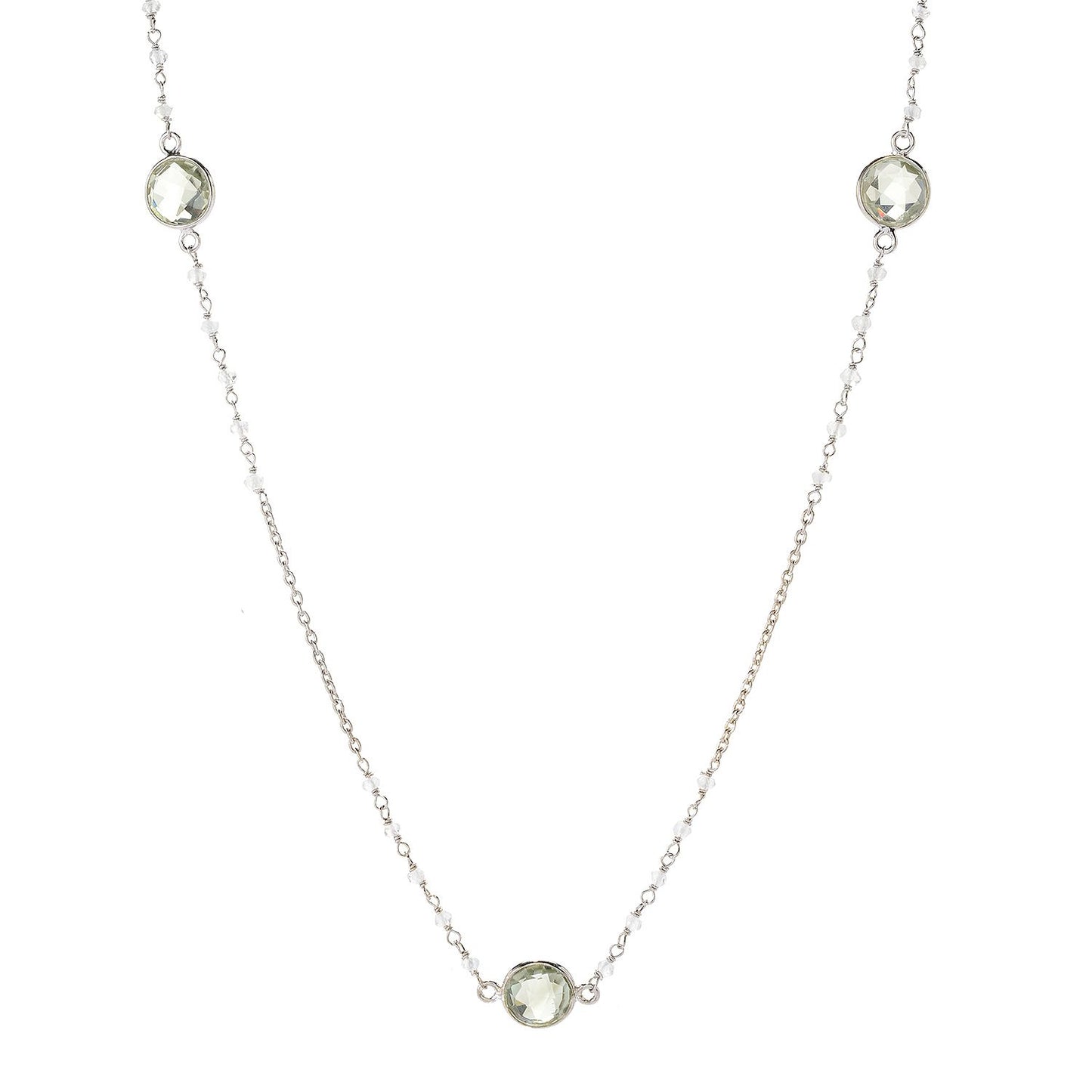 Pinctore Sterling Silver 36" 10mm Green Amethyst & Rainbow Moonstone Station Necklace - pinctore