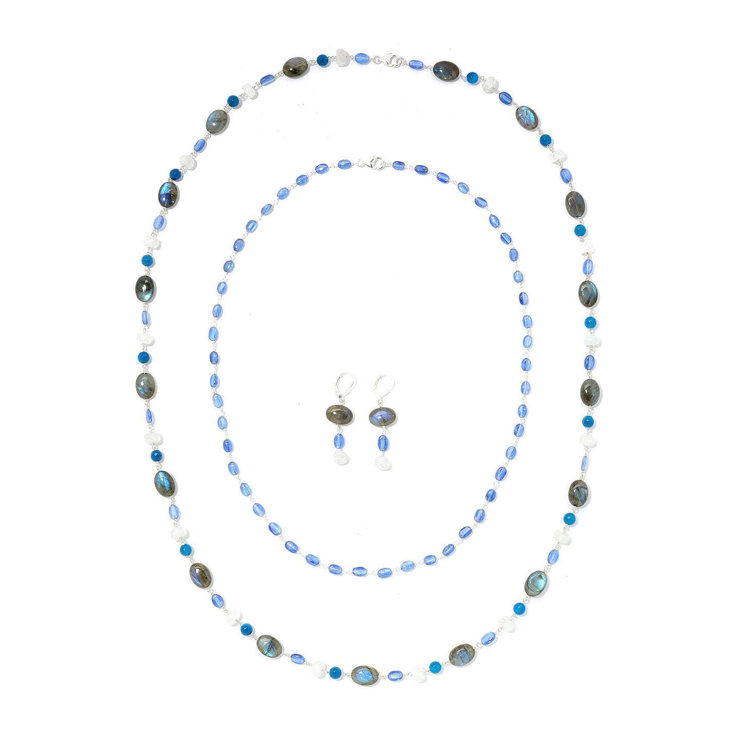 925 Sterling Silver Rainbow Moonstone, Kyanite, Labradorite, Blue Agate Necklace - Pinctore