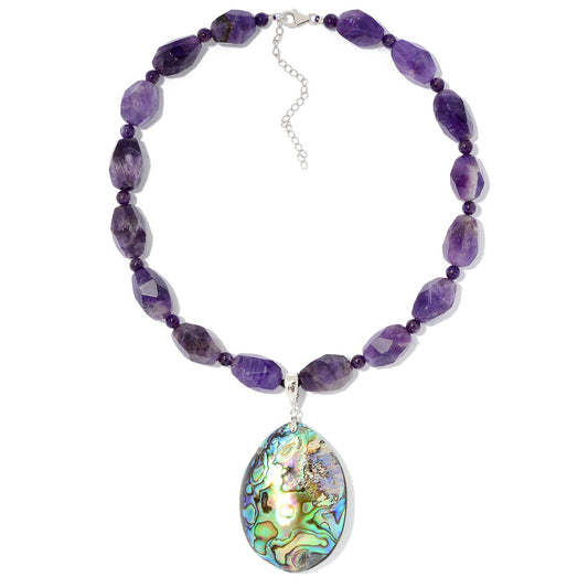 Pinctore Sterling Silver 55 x 10mm Abalone Shell Enhancer Pendant w/ 18" Amethyst Necklace - pinctore