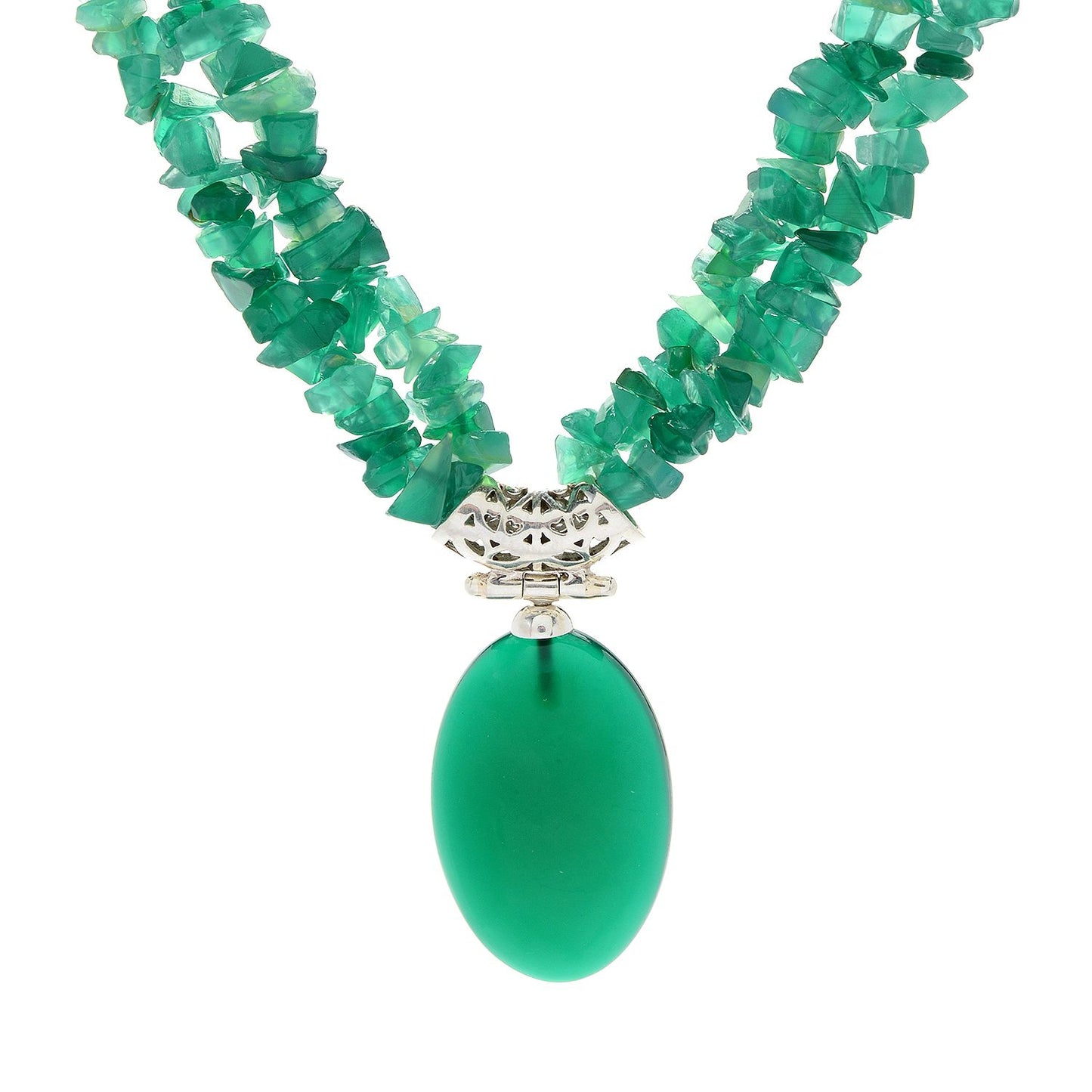 Pinctore Sterling Silver 17.5" 30 x 20mm Oval Green Agate 2-Strand Necklace - pinctore
