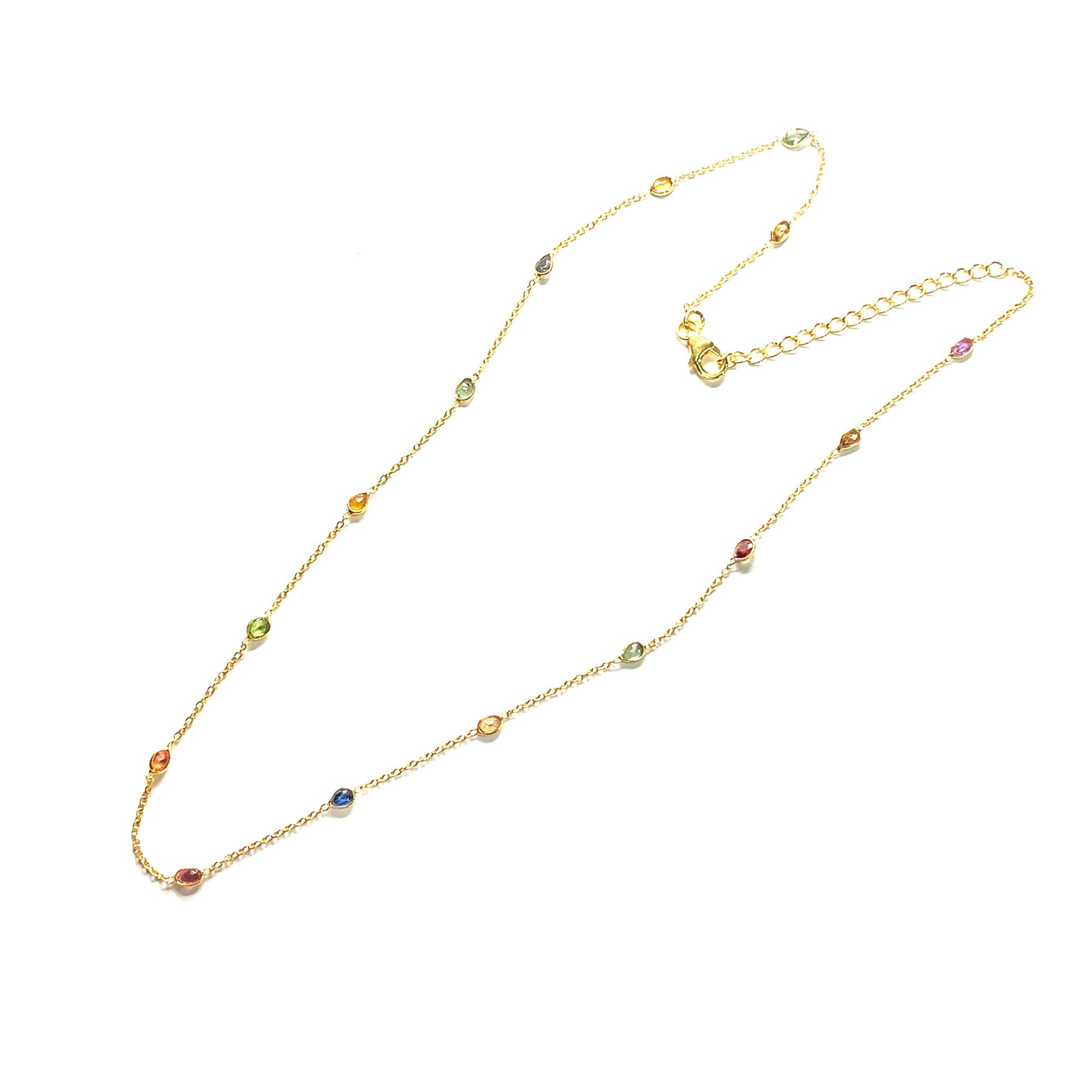 925 Sterling Silver Yellow Plated Multi Sapphire Station Necklace - Pinctore