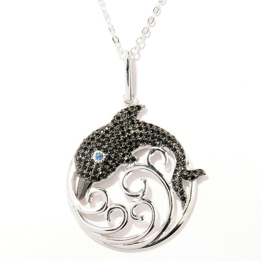 Pinctore Platinum o/Silver 0.76ctw Black Spinel 1.50'L Dolphin Pendant with 18' Chain - pinctore
