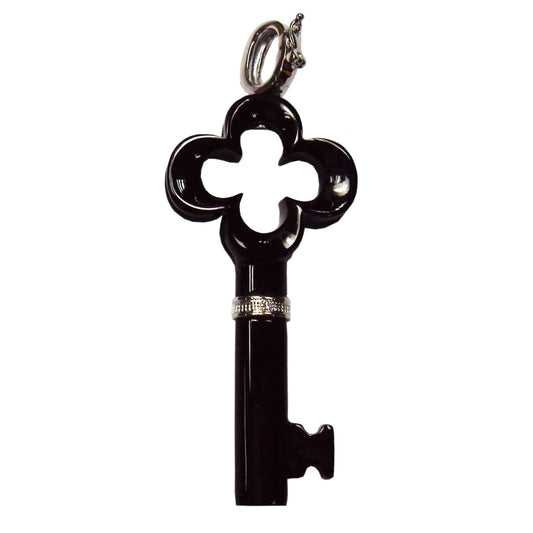 Pinctore Sterling Silver 22.52ctw Black Agate & Diamond Key Pendant 2.3'L with 18' Chain - pinctore