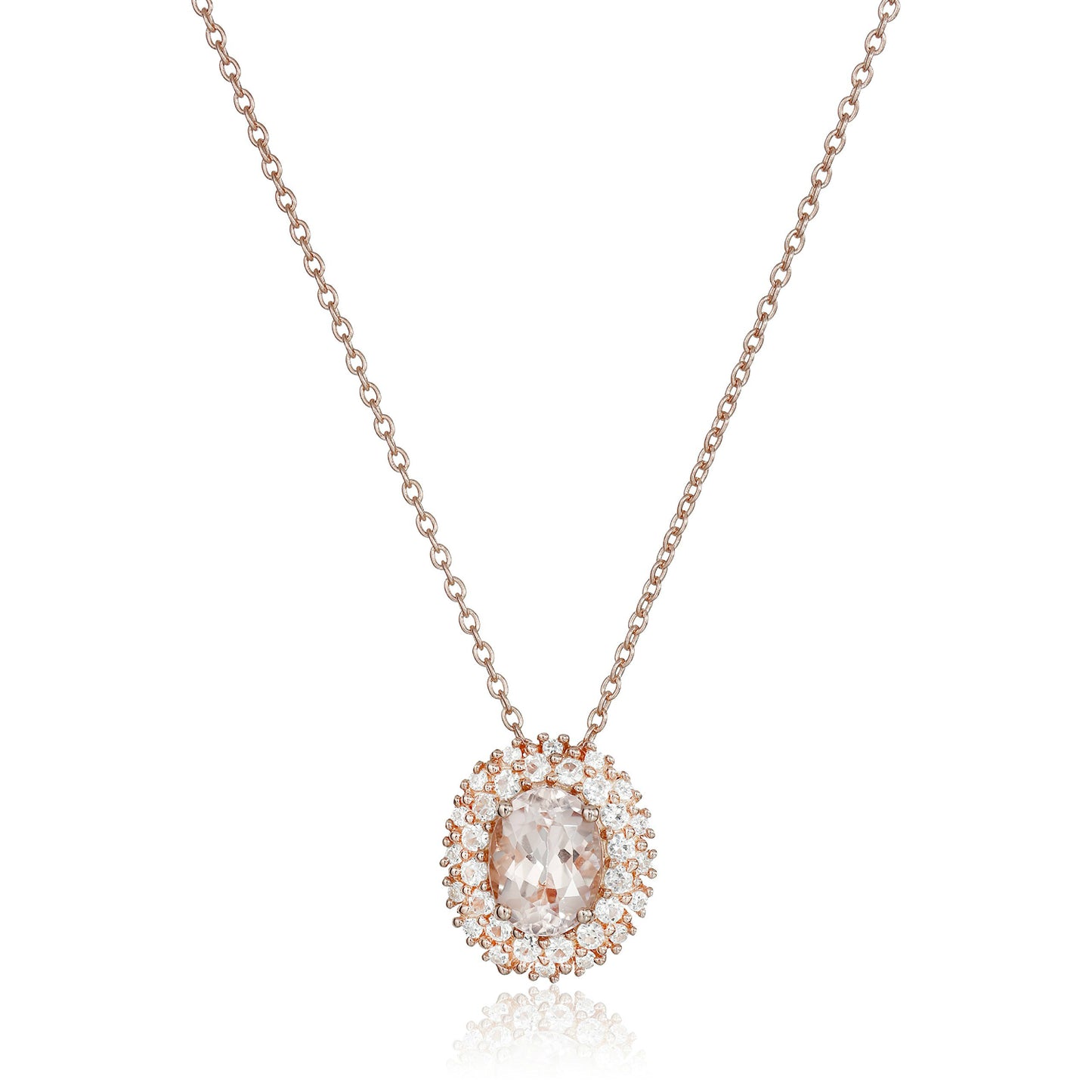 Rose Gold-Plated Silver Morganite and Created White Sapphire Double Halo Pendant Necklace, 18" - Pinctore