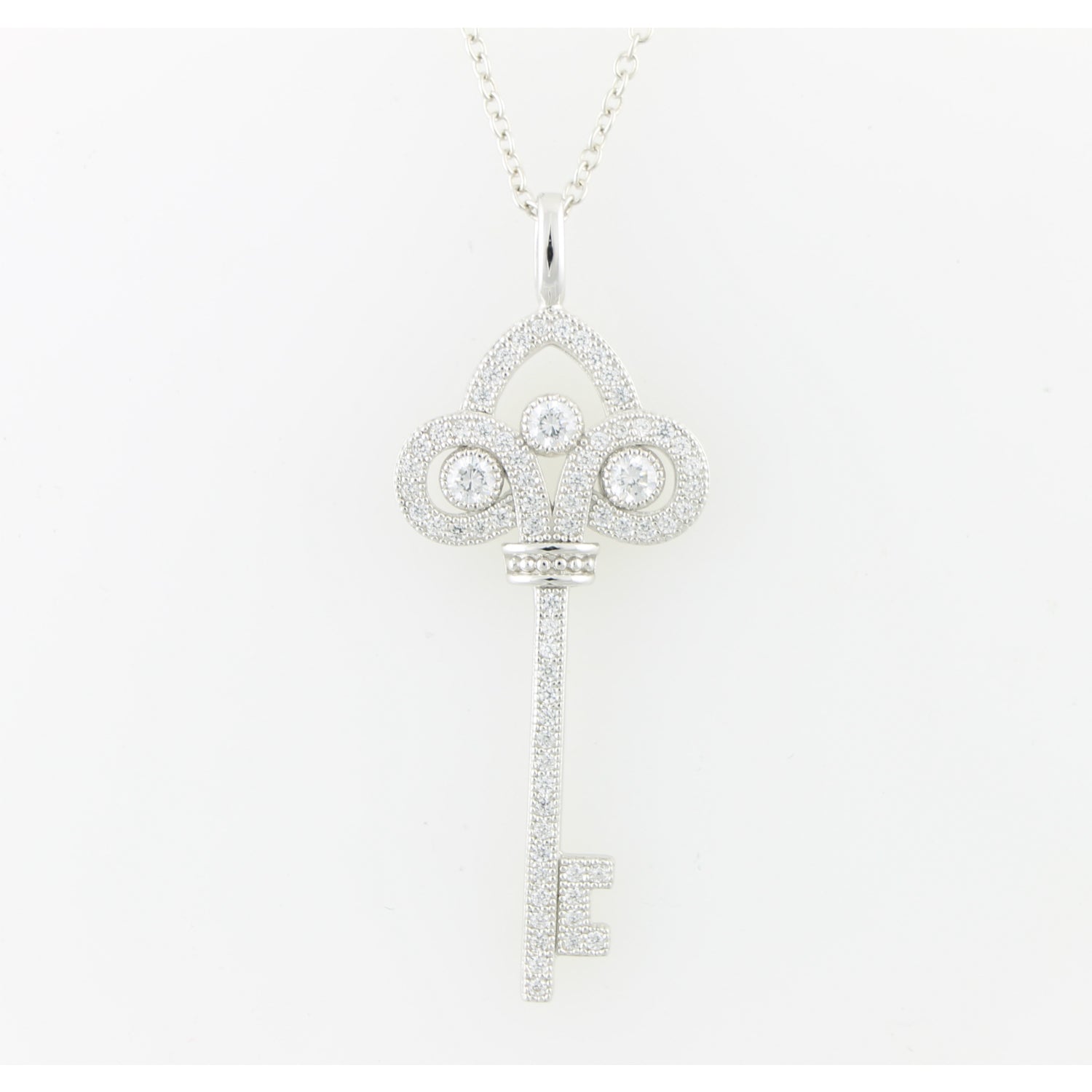 Pinctore Sterling Silver 0.96ctw White Cubic Zirconia Key Pendant with 18' Chain - pinctore