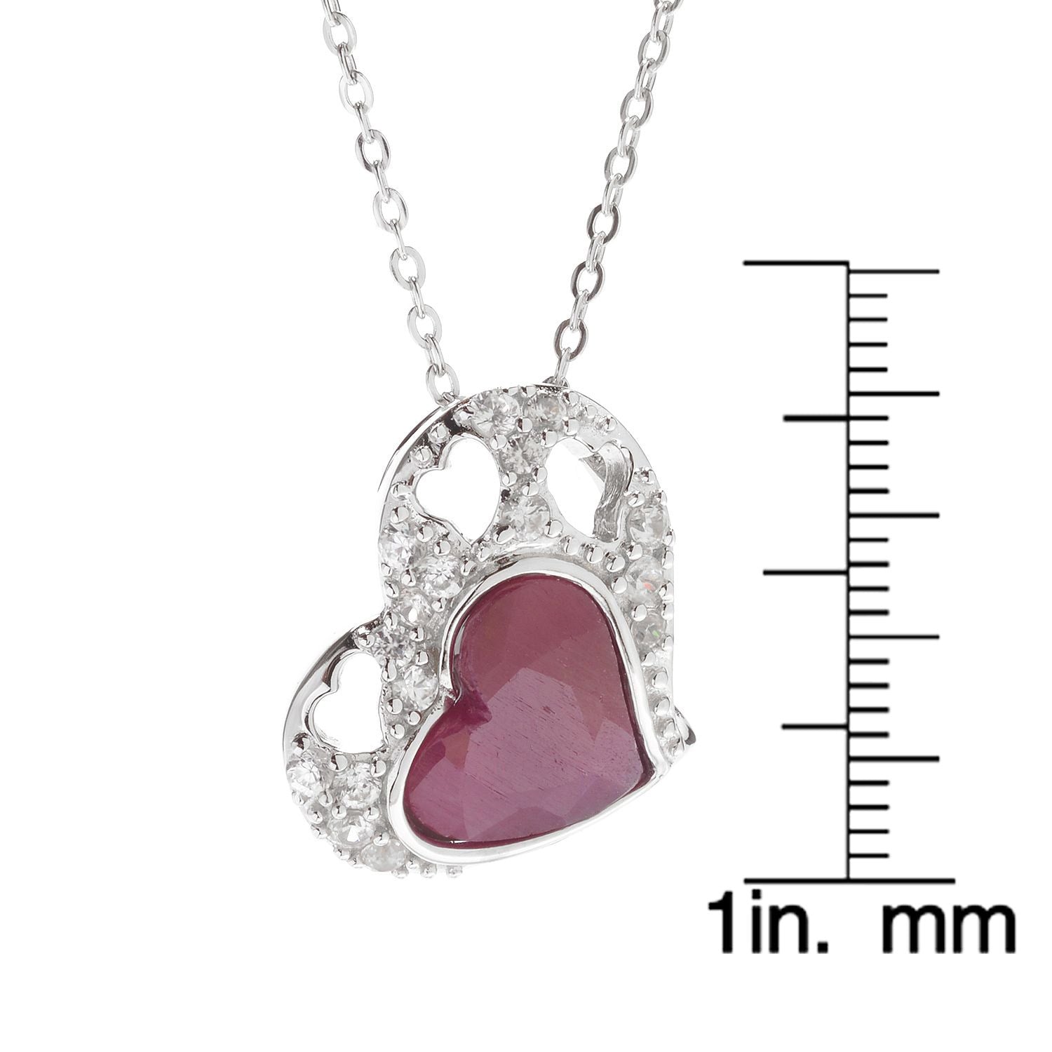 Sterling Silver Madurai Ruby White Zircon Heart Necklace - Pinctore