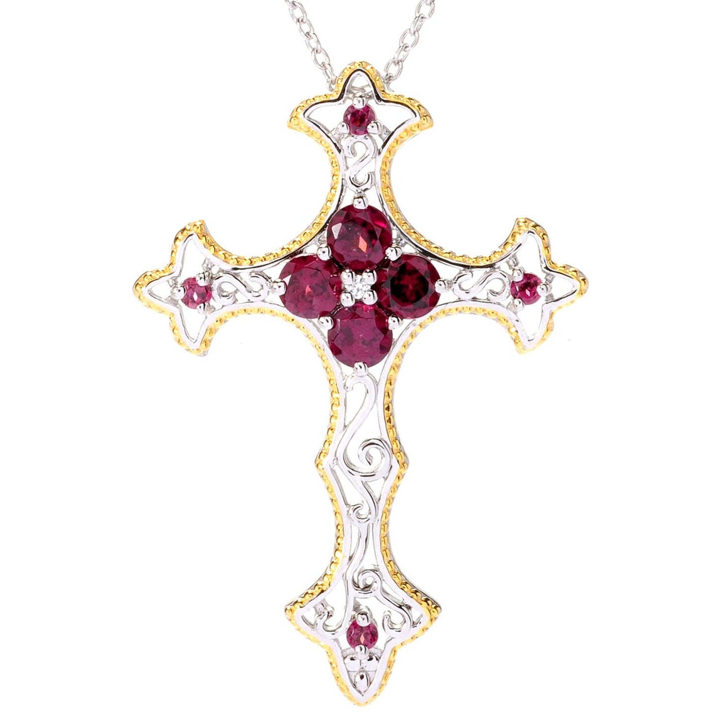 Pinctore Rhodium Over Sterling Silver 1.64ctw Rhodolite & White Zircon Cross Pendant - pinctore