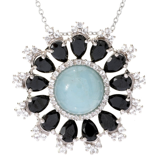 Pinctore Sterling Silver Milky Aquamarine & Multi Gemstone Pendant w/ 18' Rolo Chain - pinctore