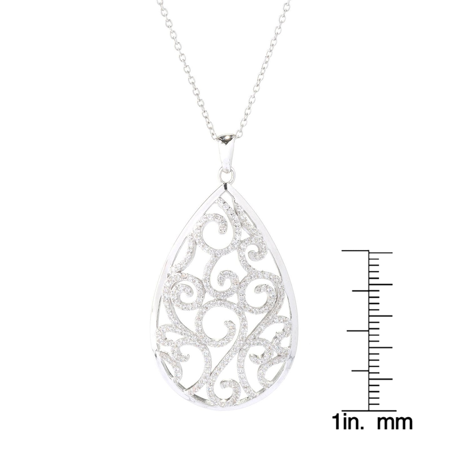 Sterling Silver White Zircon Teardrop Scroll Necklace - Pinctore