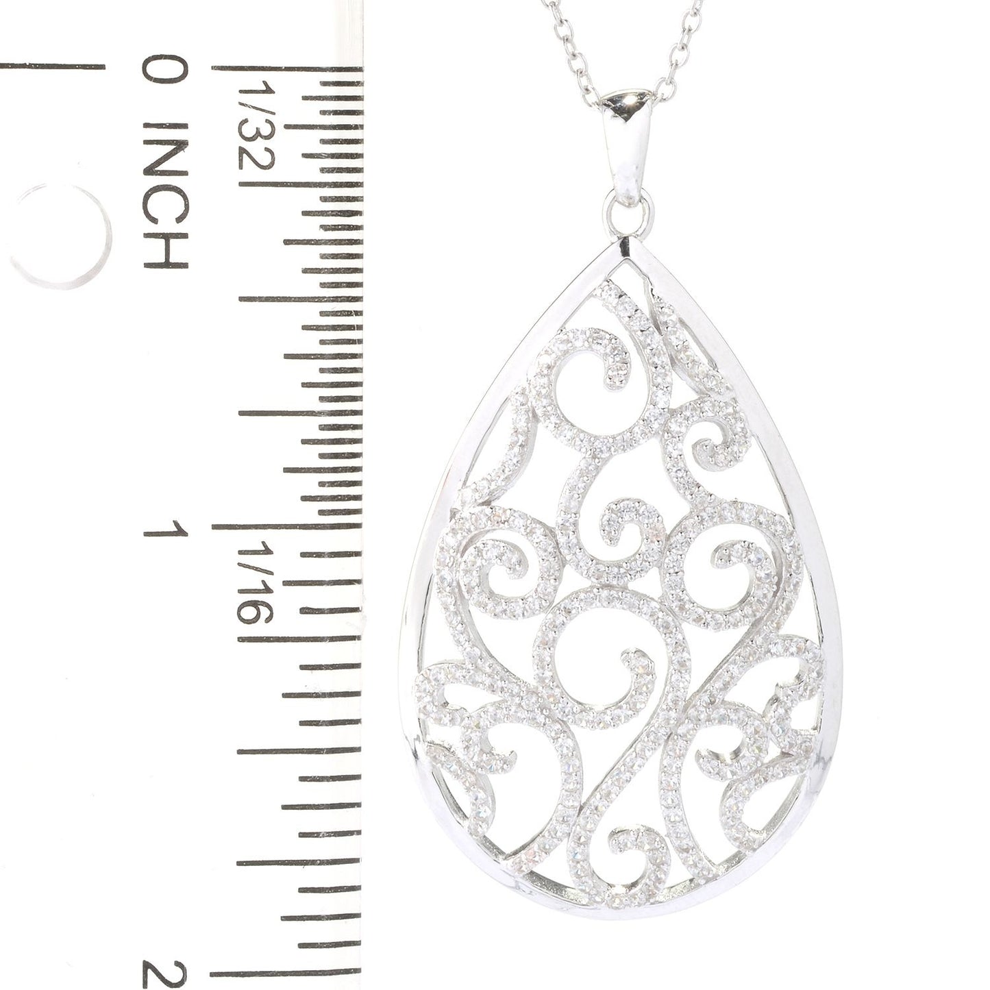 Sterling Silver White Zircon Teardrop Scroll Necklace - Pinctore