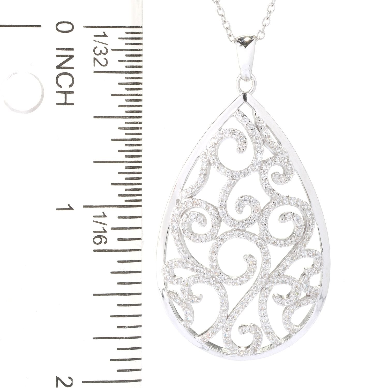 Sterling Silver White Zircon Teardrop Scroll Necklace - Pinctore