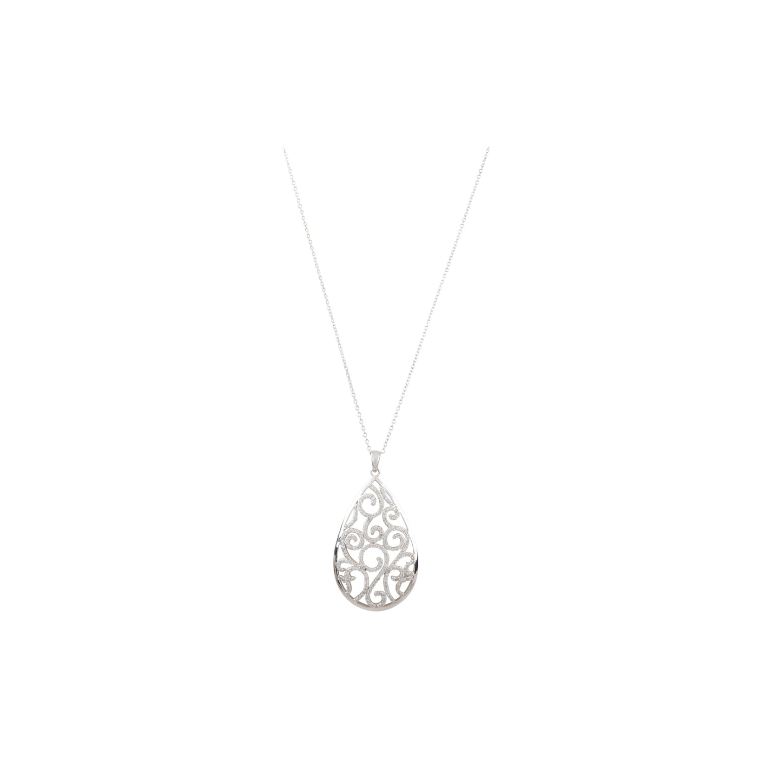 Sterling Silver White Zircon Teardrop Scroll Necklace - Pinctore