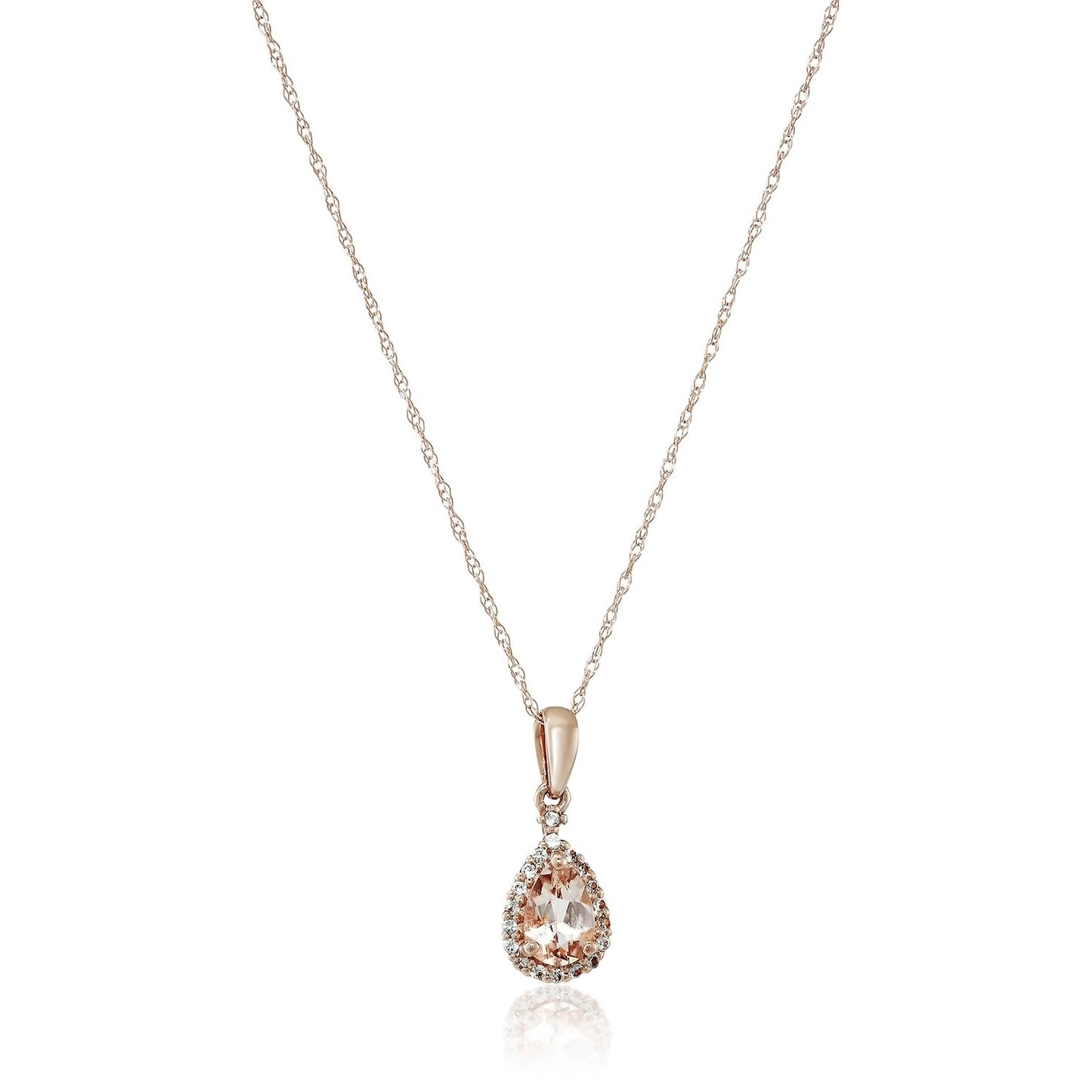 10k Rose Gold Morganite and Created White Sapphire Pear Halo Pendant Necklace - Pinctore