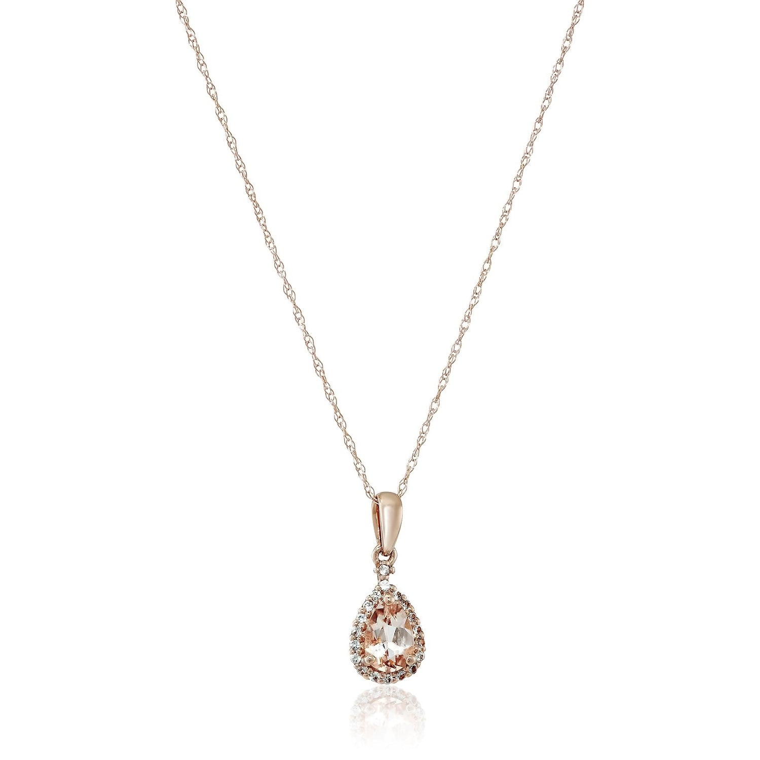 10k Rose Gold Morganite and Created White Sapphire Pear Halo Pendant Necklace - Pinctore
